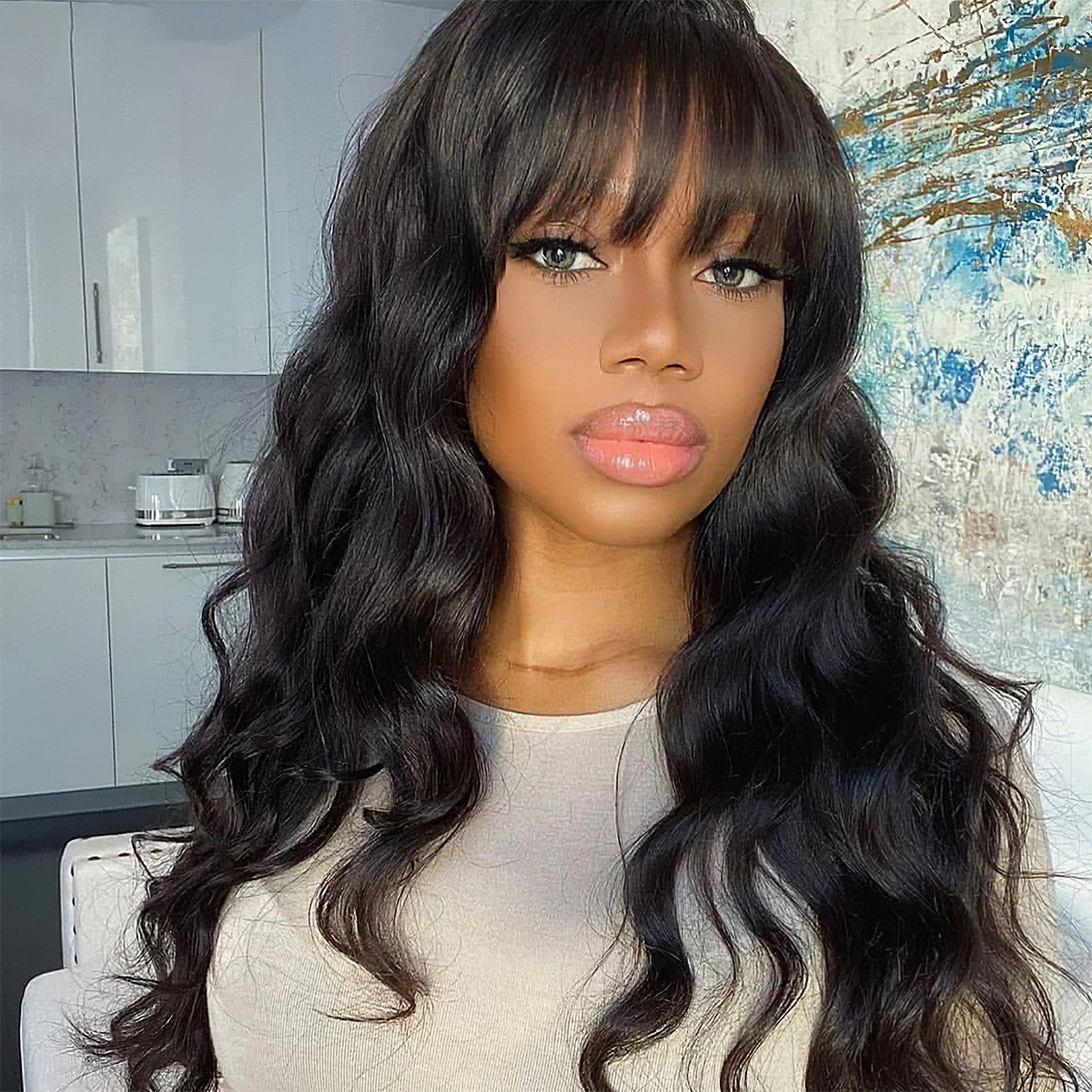 Glueless HD Body Wave Lace Front Wig With Bangs 180 Density