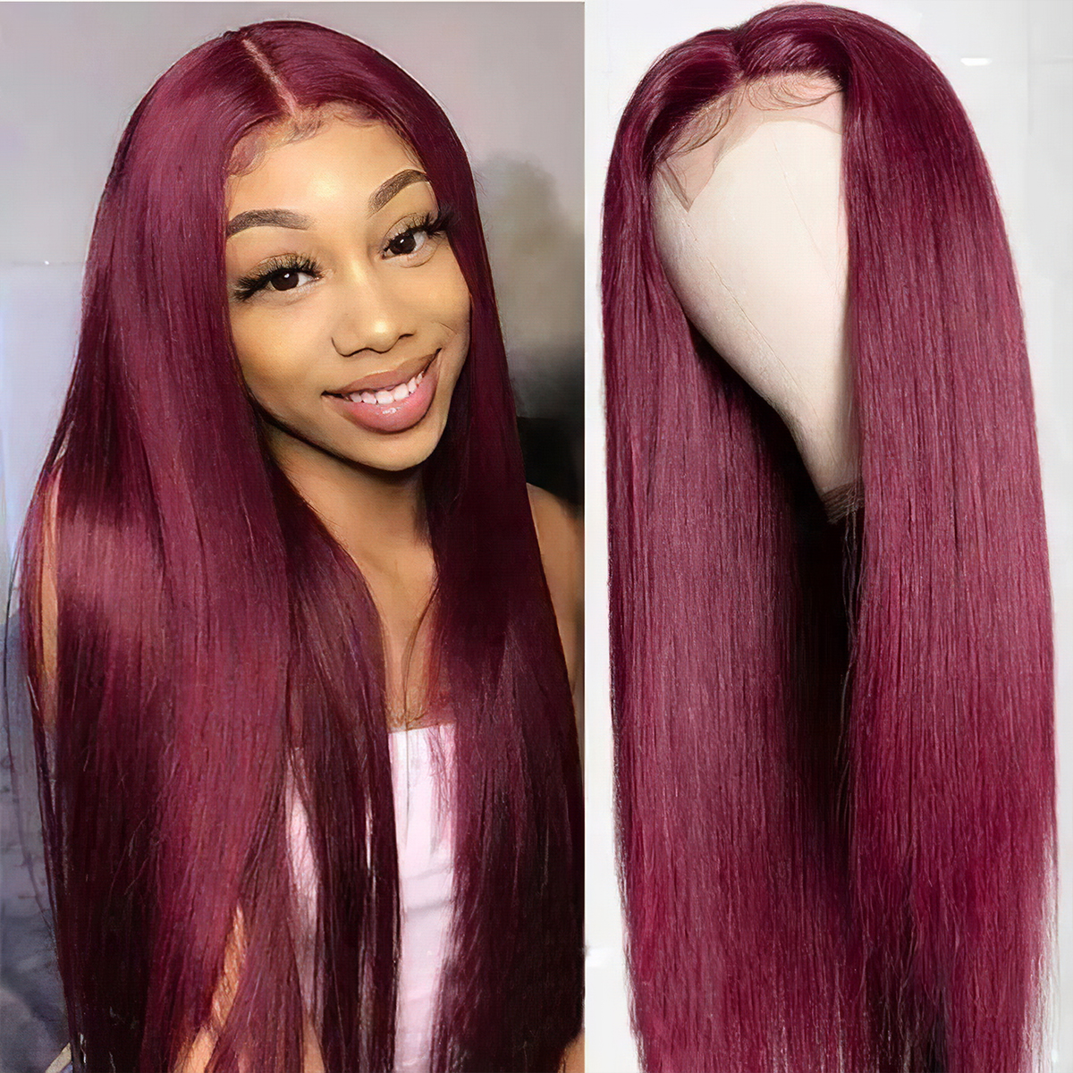 99J Burgundy Straight Undetectable Glueless Human Hair Wig Lace Frontal Wig | 180 Density