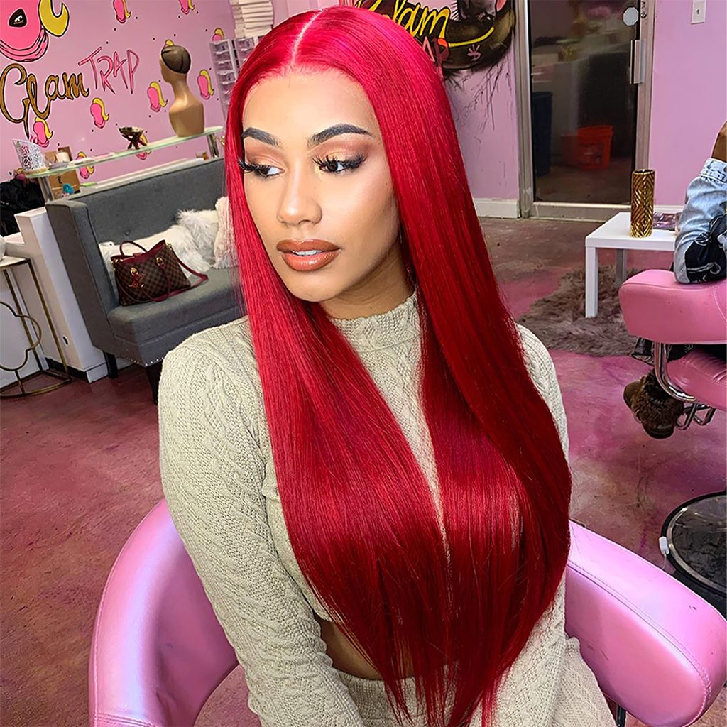 Red Body Wave And Straight Glueless Undetectable Lace Frontal Wig Red Human Hair Wig 200 Density 9444