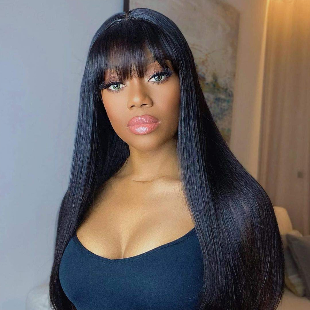 Glueless Straight Lace Human Hair Wigs With Bangs 180 Density