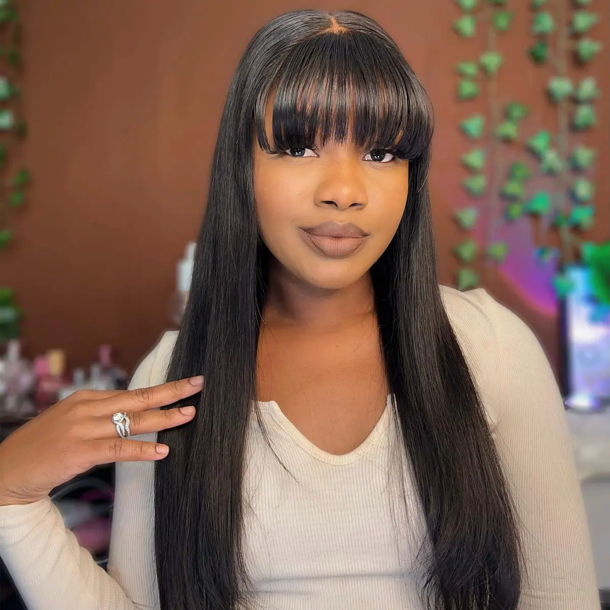 Wear Go Glueless Straight Human Hair Wigs With Bangs 180 Density