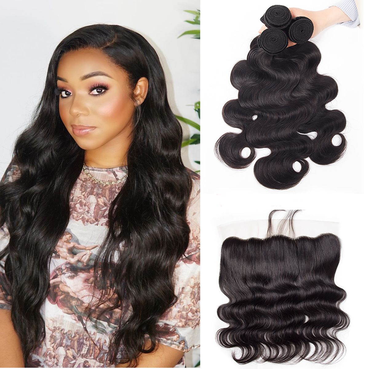 Body Wave Human Hair 3 Bundles with HD Lace Frontal for Full Head