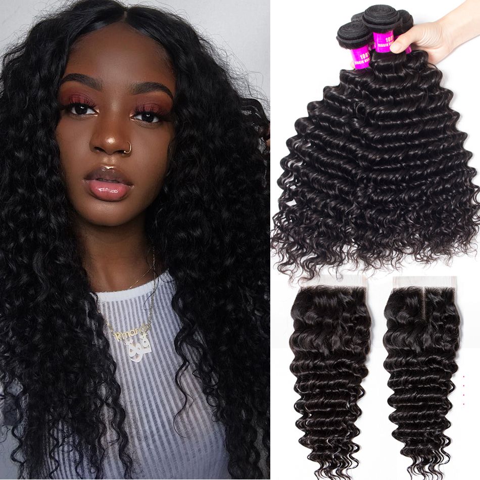 Deep Wave 4 Bundles With 4×4 HD Lace Closure High Quality Brazilian Virgin Hair With Closure