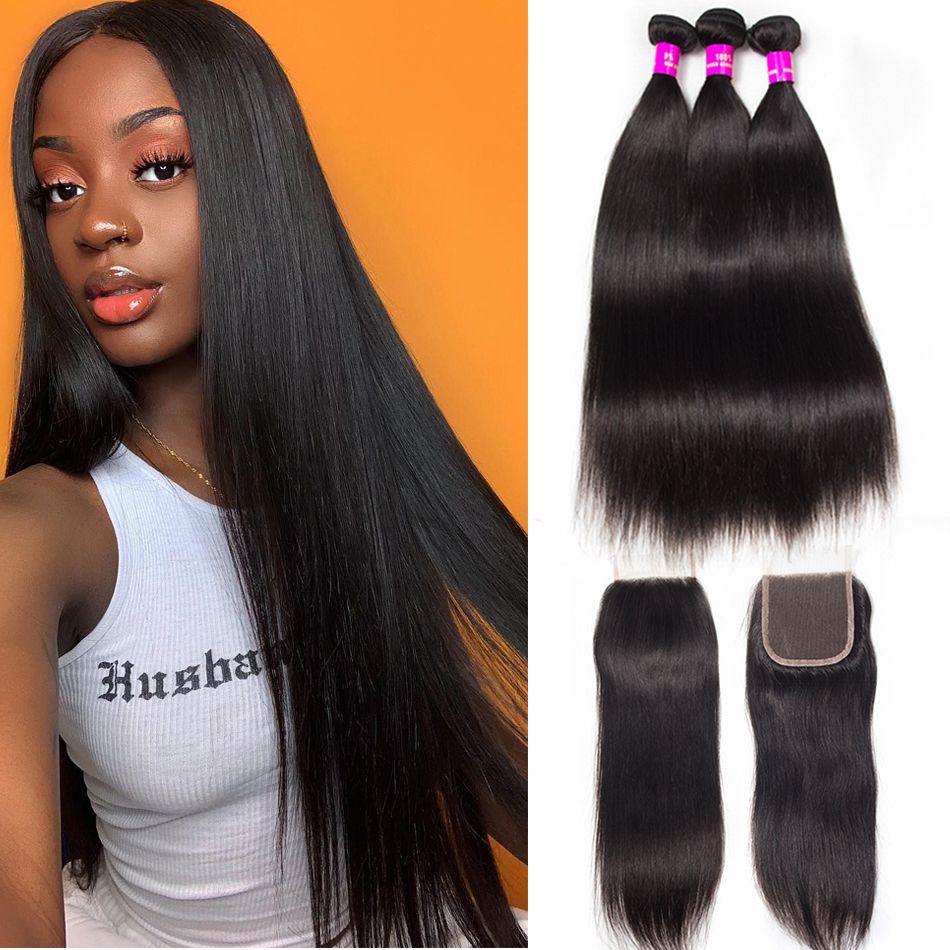 Straight Human Hair 3 Bundles With 4×4 HD Lace Closure