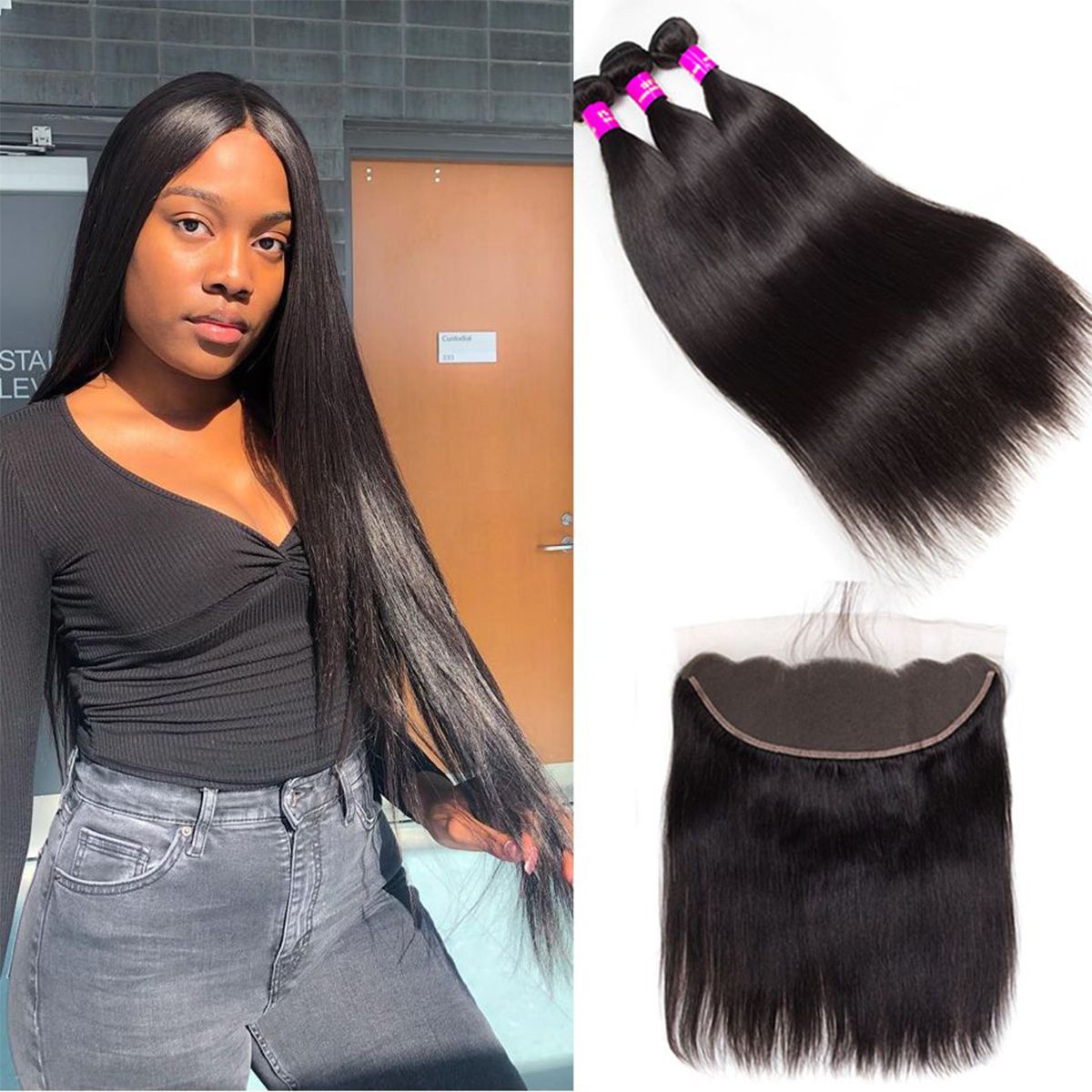Straight Human Hair 13×4 HD Lace Frontal With 3 Bundles Silk Straight With Frontal