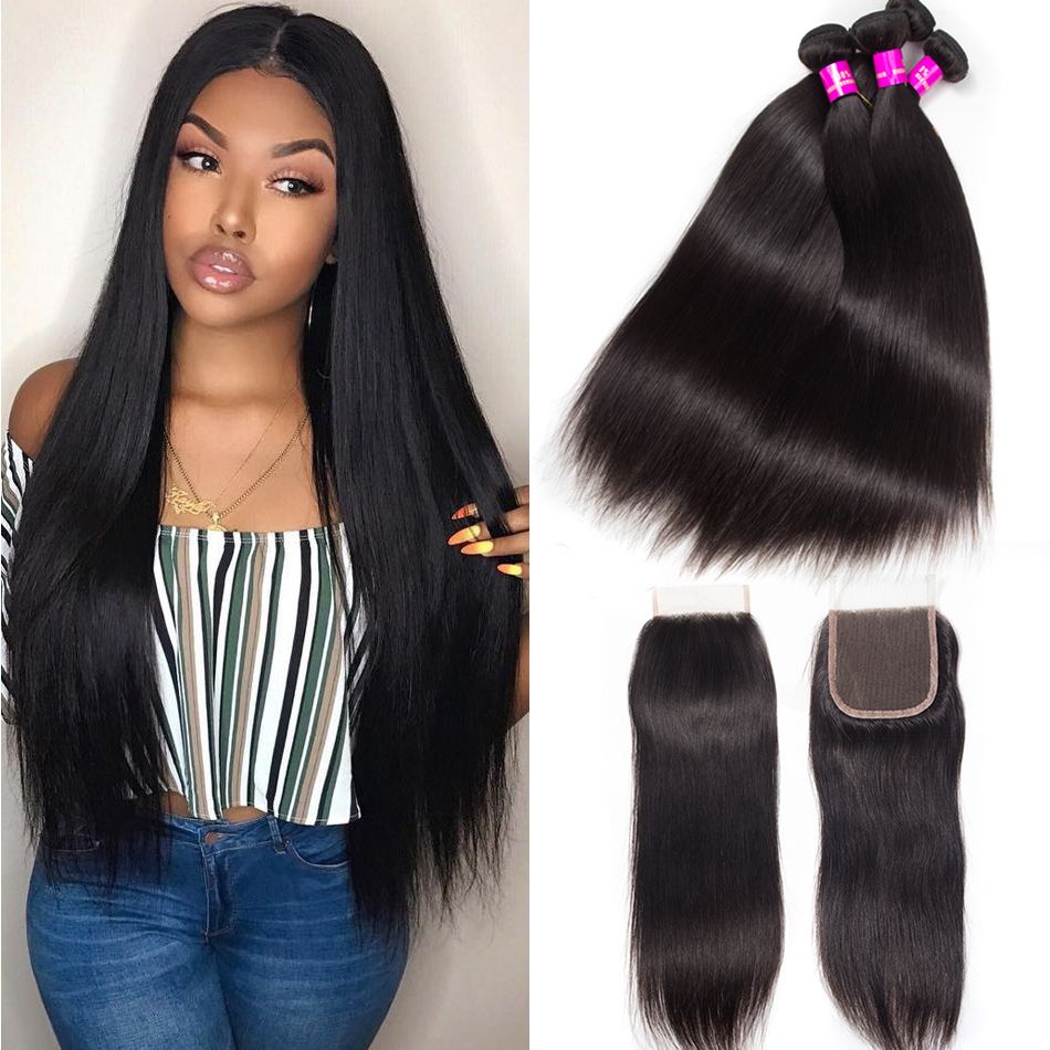 Straight Hair 4 Bundles With 4×4 HD Lace Closure High Quality Brazilian Virgin Hair With Closure