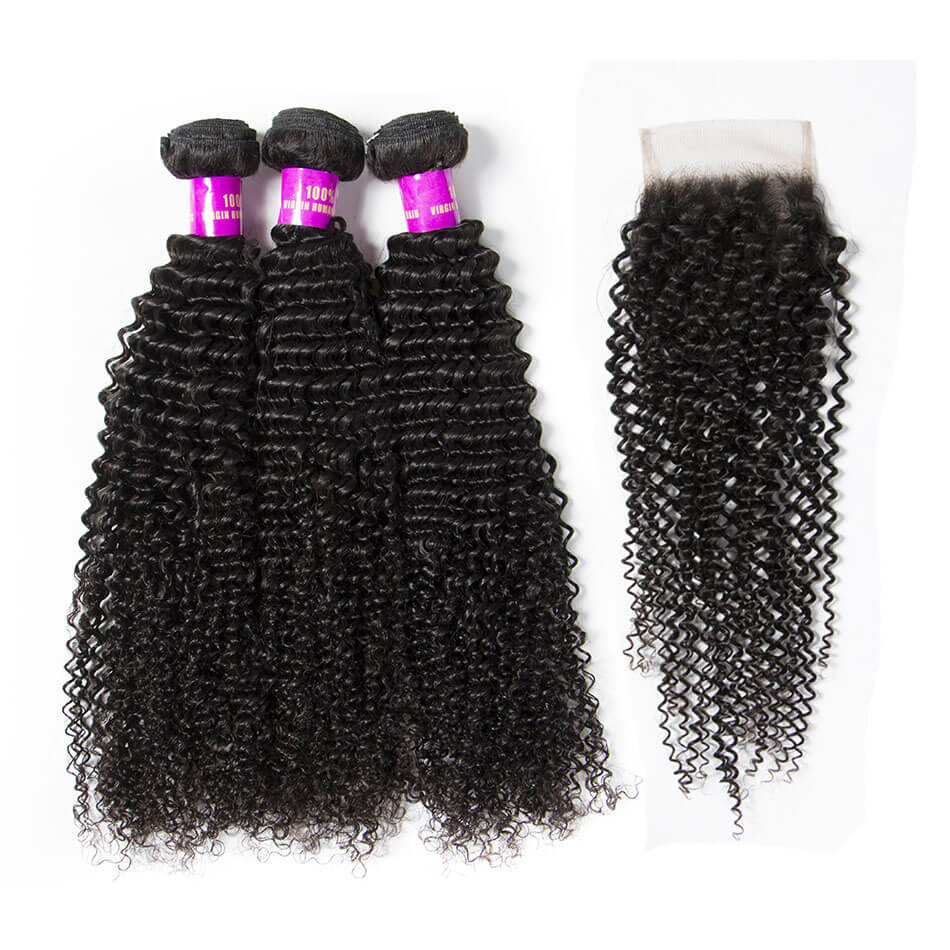 Kinky Curly Virgin Hair 3 Bundles With 4×4 HD Lace Closure