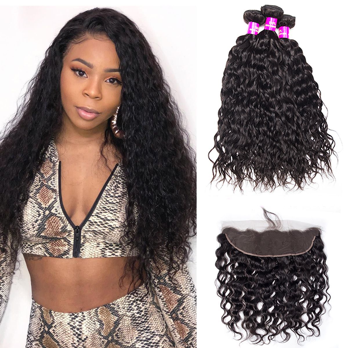 Water Wave 3 Bundles With 13×4 HD Lace Frontal Ear to Ear Lace Frontal Closure with Bundles