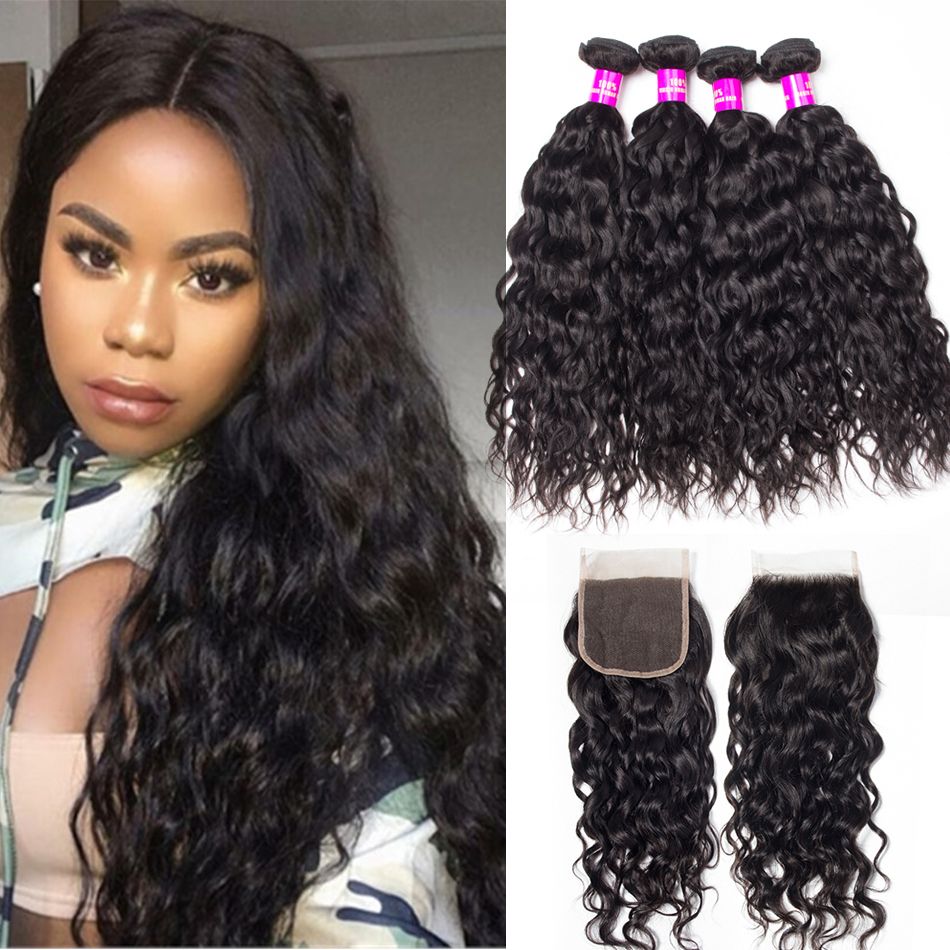 Water Wave Hair 4 Bundles With 4×4 HD Lace Closure High Quality Brazilian Virgin Hair Extensions With Closure