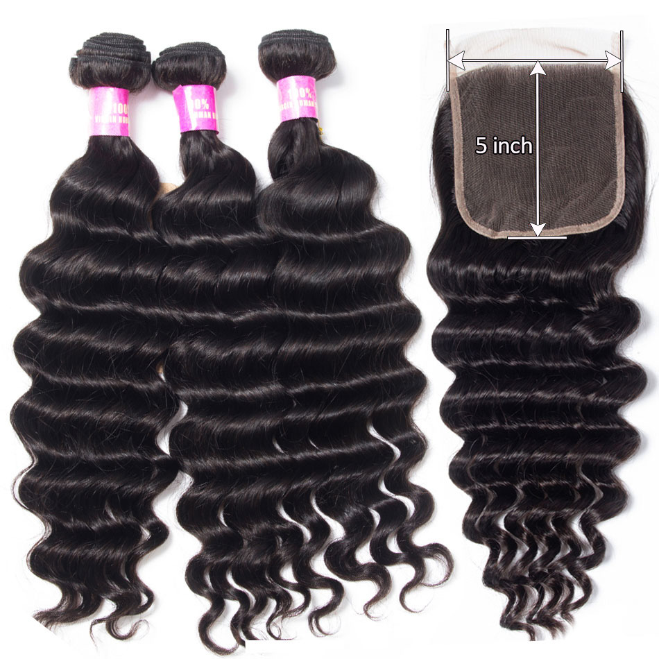 Loose Deep 3 Bundles With 5×5 HD Lace Closure Brazilian Virgin Human Hair Deals
