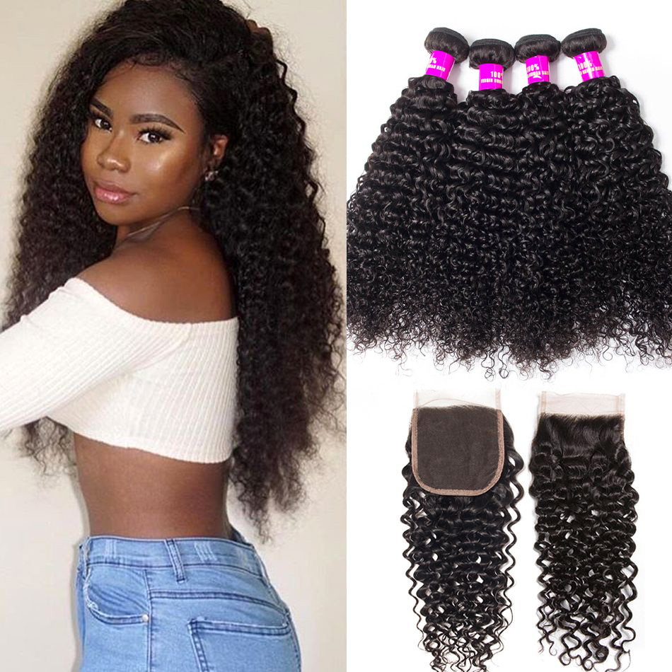 Curly 4 Bundles With 4×4 HD Lace Closure High Quality Brazilian Virgin Hair With Closure