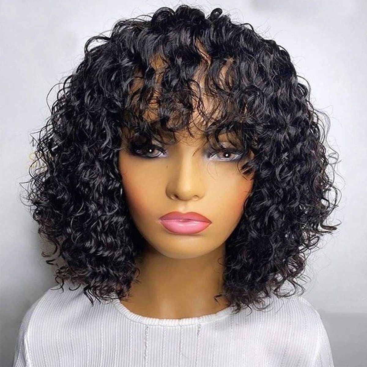 Glueless Water Wave Curls Wigs With Bang Machine Made Bob Wig