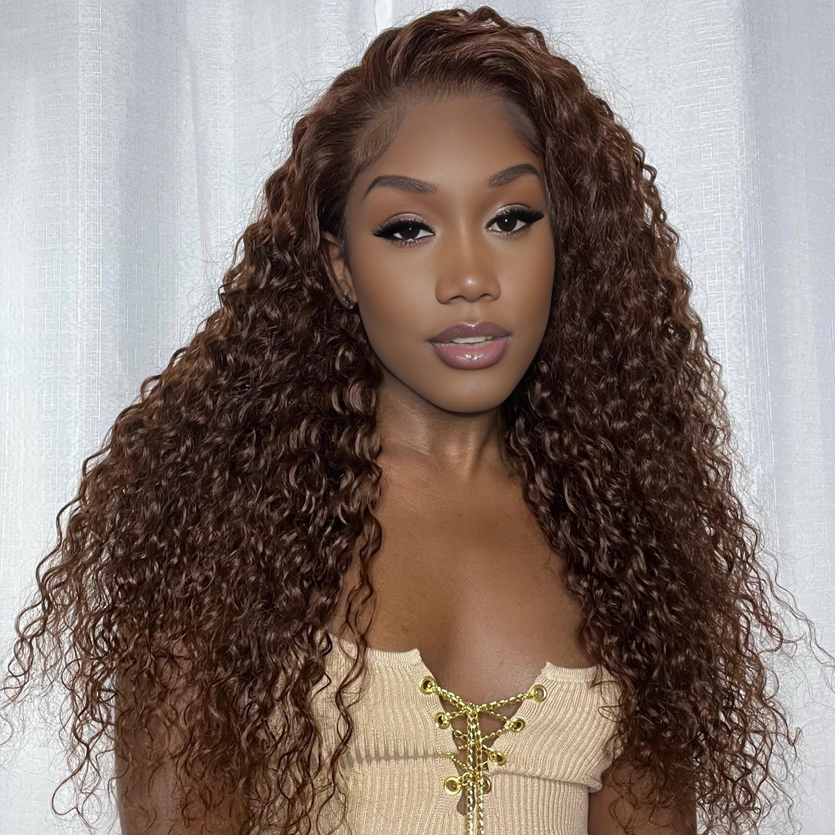 Glueless #4 Brown Color lace Wig | Curly Human Hair Wig 180 Density