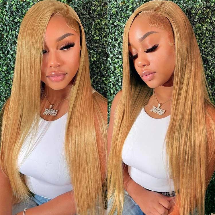 Honey Blonde #27 Colored Straight Human Hair Wig 5×5 13×4 Full Frontal Glueless Lace Wig
