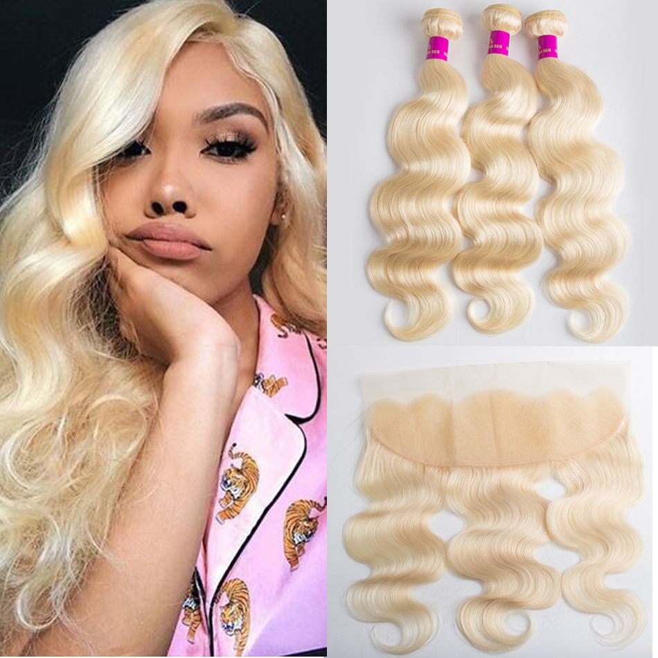 613 Blonde Body Wave Bundles With Frontal Brazilian 3 Bundles With Frontal