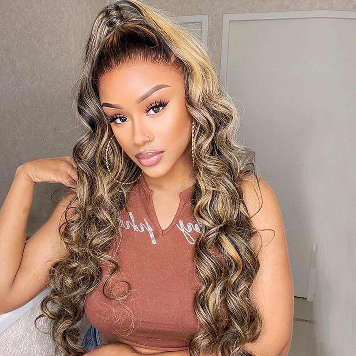 Glueless Loose Deep Wave Balayage Honey Blonde Highlight Full Frontal HD Lace Wigs
