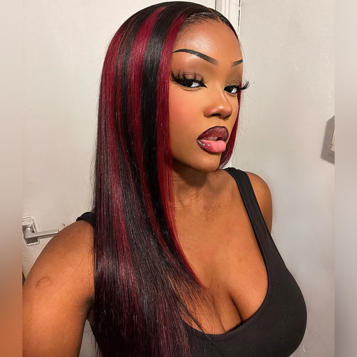 Burgundy Highlight With Dark Roots Straight Glueless 13×4 HD Lace Full Frontal Wigs