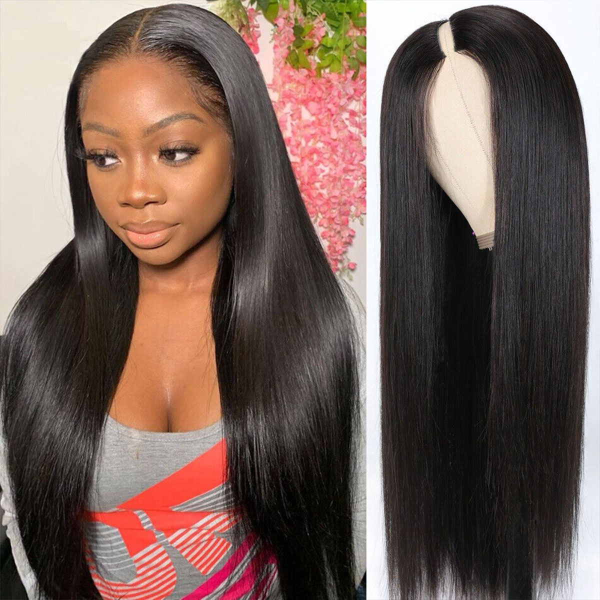 Straight V Part Wig No leave Out Glueless Human Hair Wigs 180% Density Natural Color