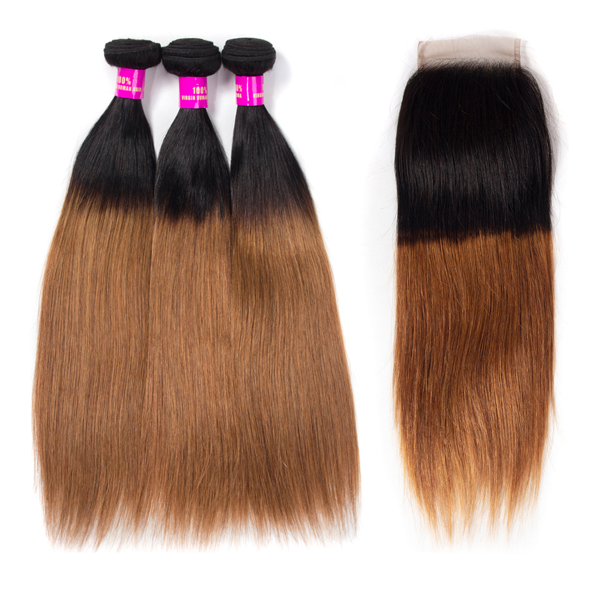Brazilian Ombre 1B/30 Straight Hair Bundles With Lace Closure Virgin Hair Bundles With Closure