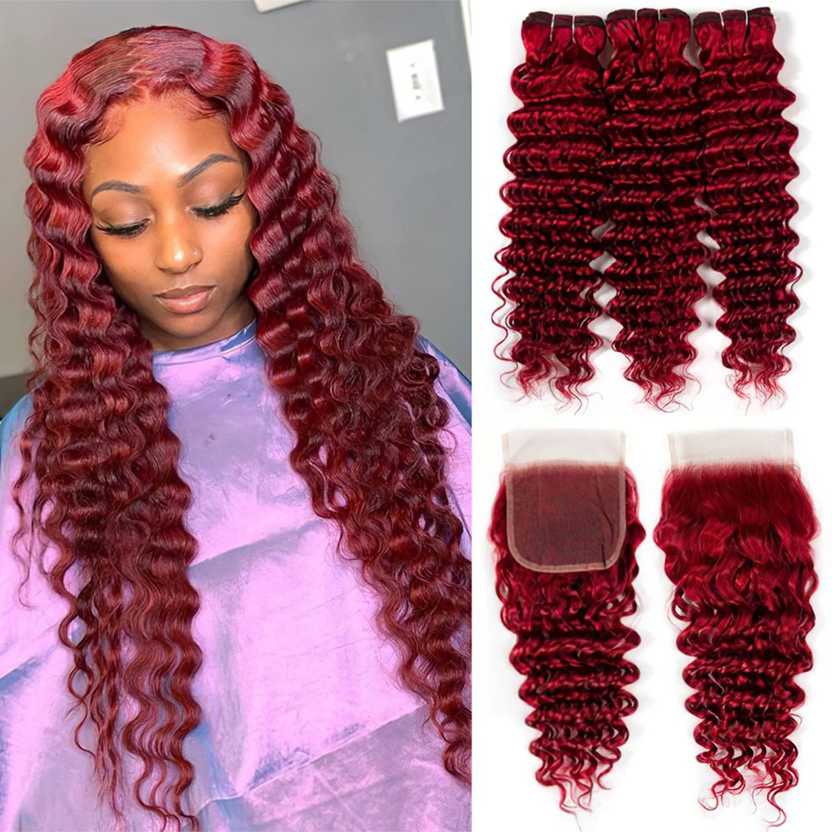 Brazilian Red Color Deep Wave 3 Bundles With Lace Closure Virgin Human Hair Bundles With Lace Closure