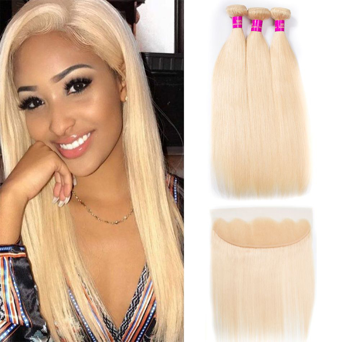613 Blonde Bundles With Frontal Brazilian Straight Hair 3 Bundles With Frontal