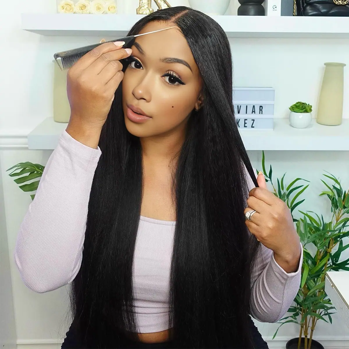 Pre-bleached Knots Yaki Wear & Go Pre Cut Lace Wigs Preplucked Natural Hairline 100% Glueless HD Kinky Straight Wig
