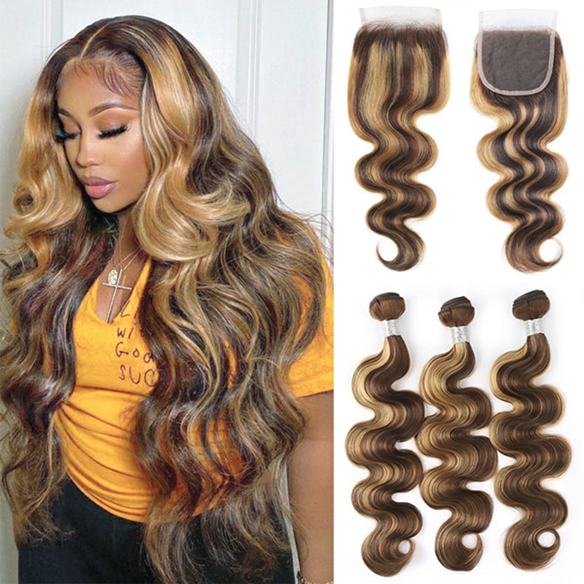 Highlight 4/27 Body Wave 3 Bundles With 5×5 Lace Closure