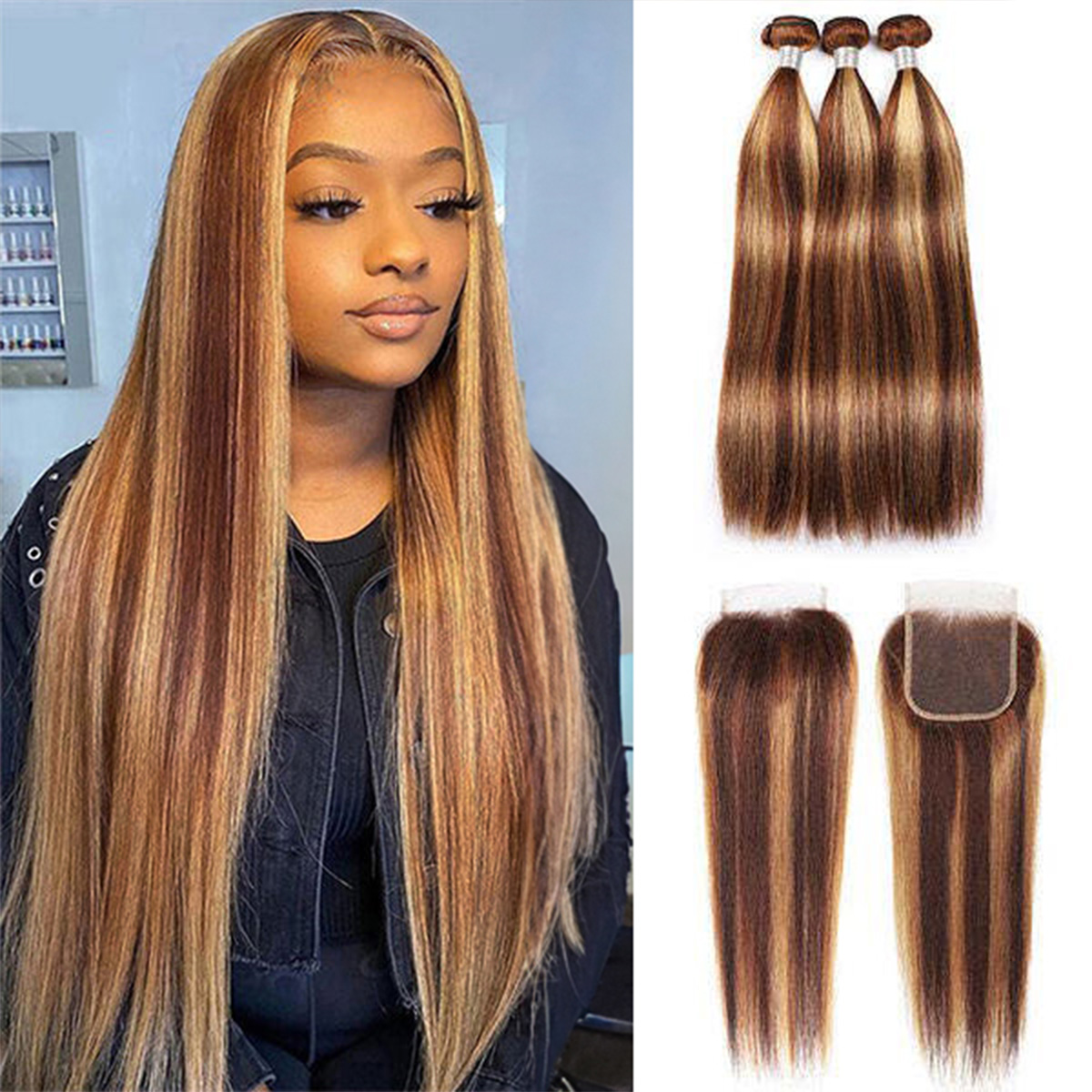Highlight 4/27 Straight Hair 3 Bundles With 5×5 Lace Closure