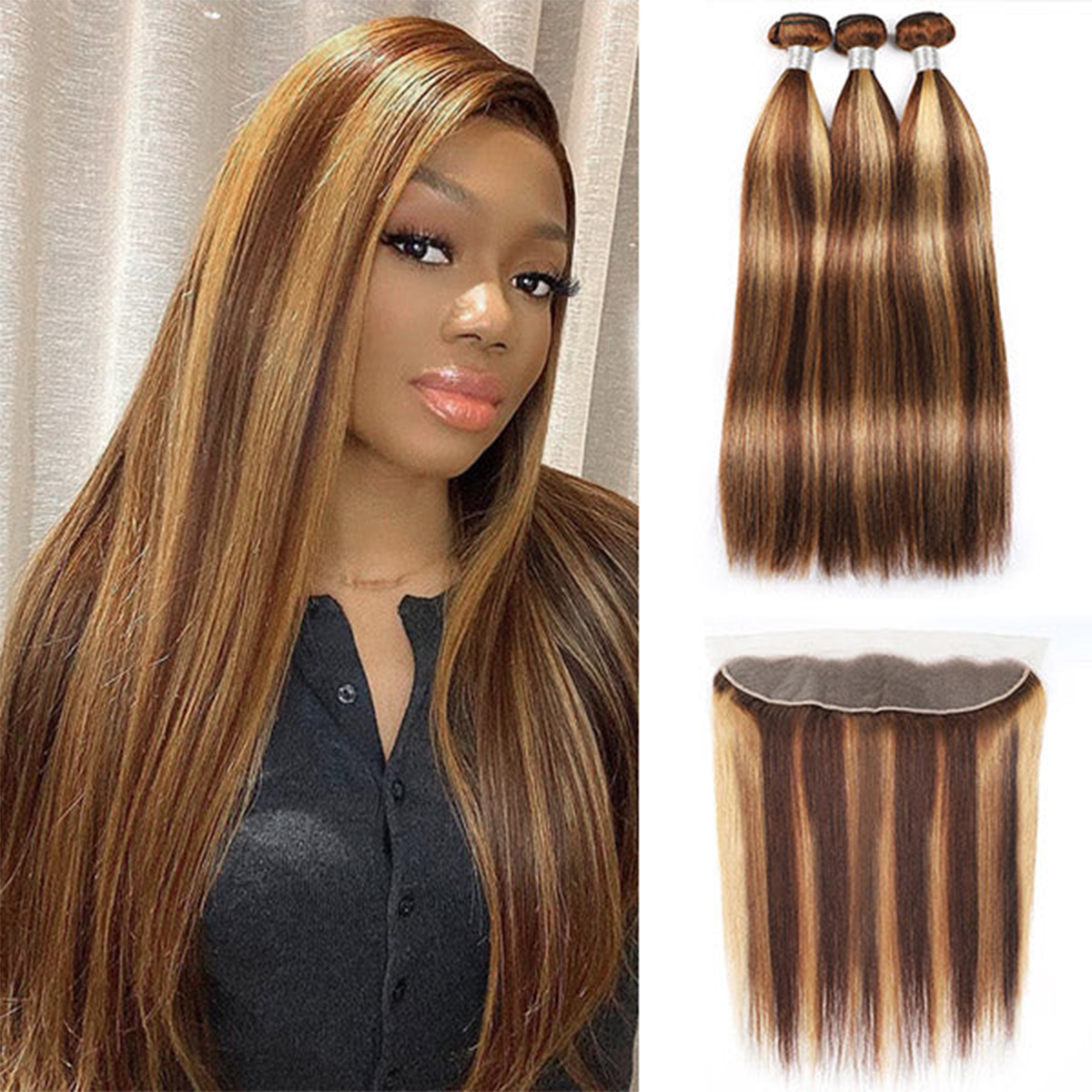 Highlight 4/27 Straight Wave 3 Bundles With Frontal Ear to Ear HD Lace Frontal With Bundles