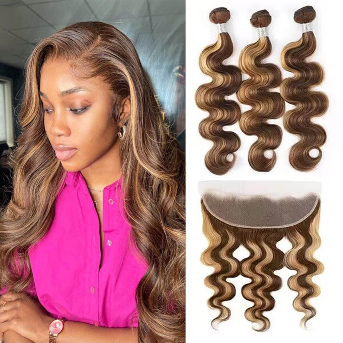 Highlight 4/27 Body Wave 3 Bundles With Frontal Ear to Ear HD Lace Frontal With Bundles