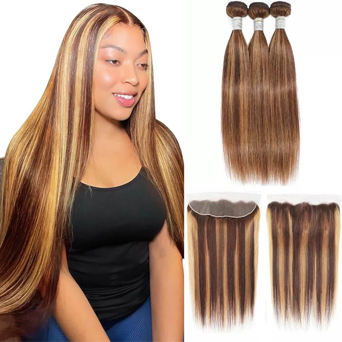 Hightlight 4/27 Straight Wave 4 Bundles With Frontal Virgin Hair Bundles With HD Lace Frontal