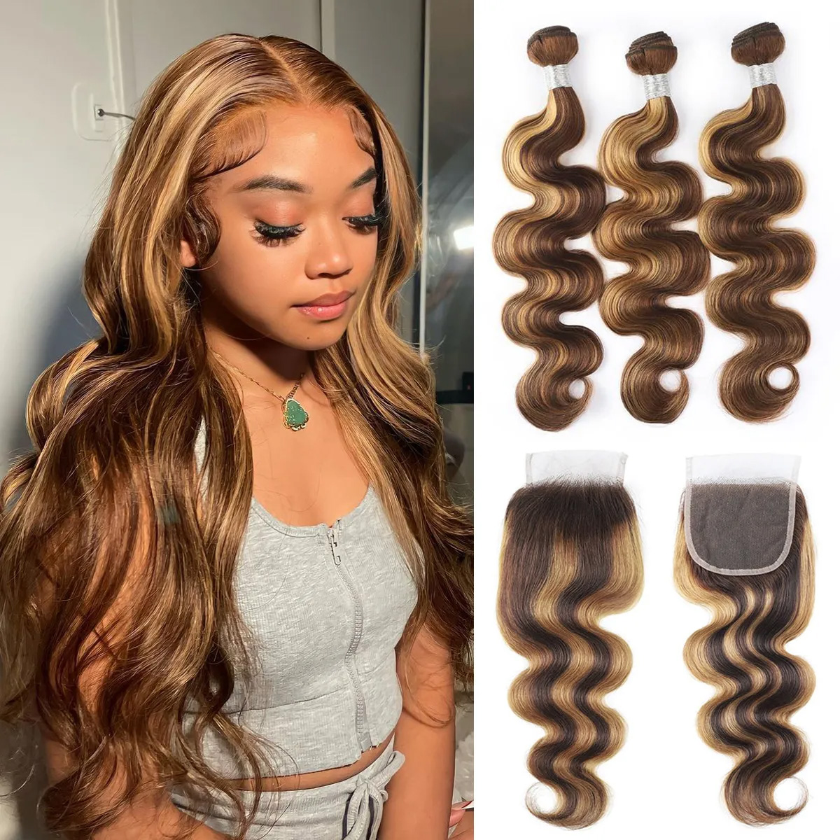 Highlight 4/27 Body Wave 4 Bundles With 5×5 Lace Closure