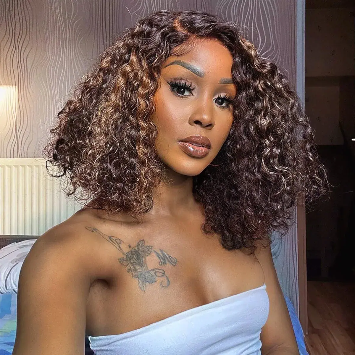 Pre-Bleached Ombre Highlight Wear Go Bouncy Water Wave Short Bob Wig Glueless 6×5 HD Lace Wig